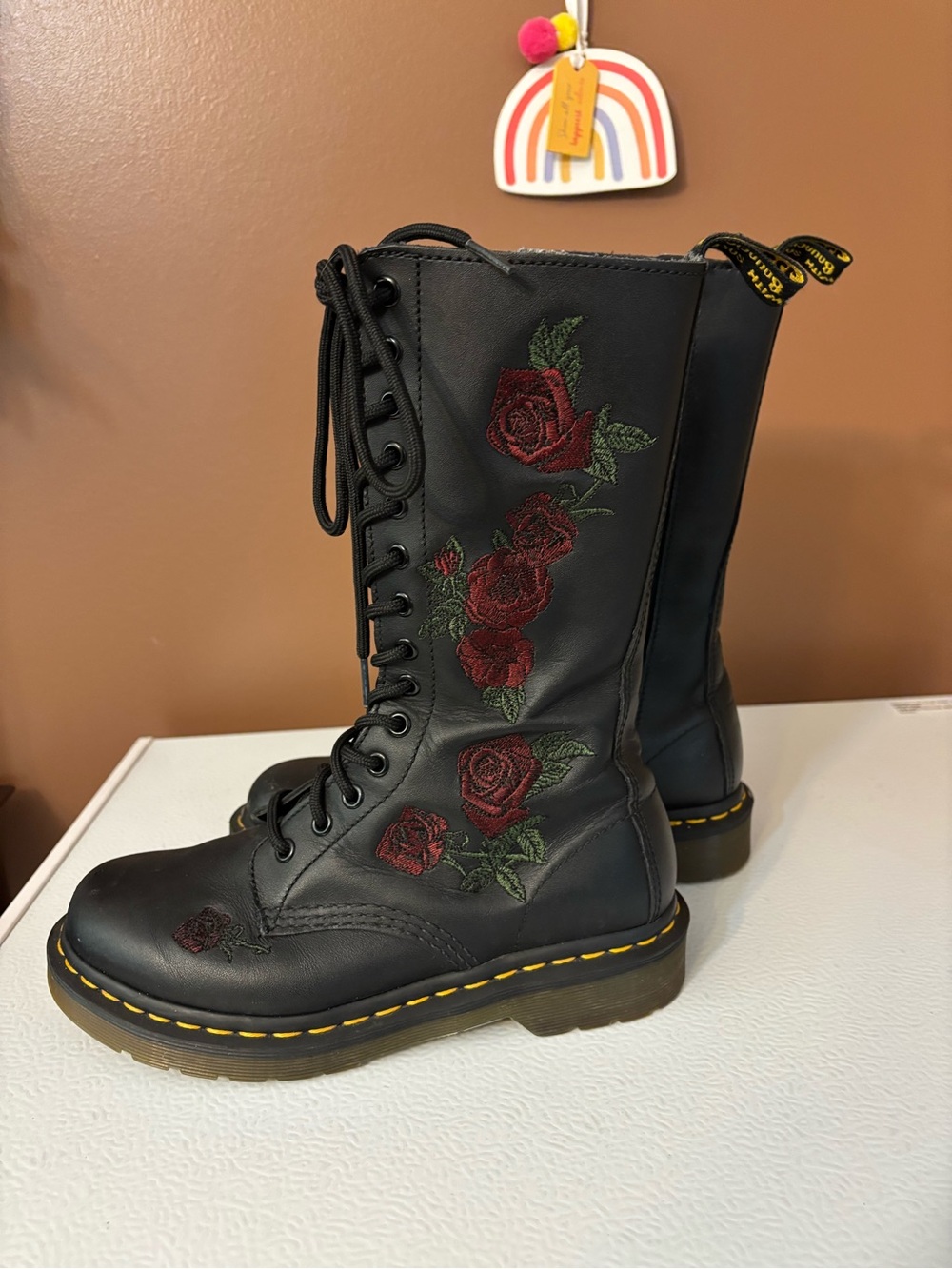 Dr. Martens Black Leather Lace-Up Boots with Red Rose Embroidery